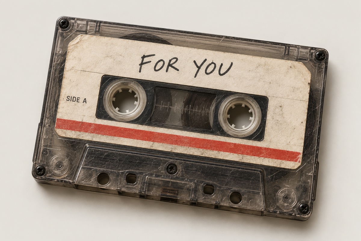 A worn cassette with a handwritten FOR YOU label and a red stripe